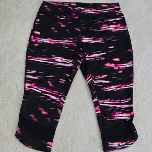 Tek Gear Women's Capri Leggings Athletic Activewear Black Pink Print Mesh Size M
